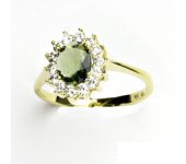 Zlatý prsten, žluté zlato,Kate, přírodní vltavín, čiré zirkony, T 1507
