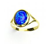 Zlatý prsten, žluté zlato, tmavě modrý syntetický opál, prstýnek s opálem, T 1453  