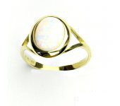 Zlatý prsten, žluté zlato, bílý syntetický opál, prstýnek s opálem, T 1453  