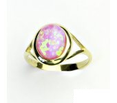 Zlatý prsten, žluté zlato, růžový syntetický opál, prstýnek s opálem, T 1453 