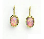 Zlaté náušnice, žluté zlato, růžový syntetický opál, NK 1354  