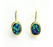 Zlaté náušnice, žluté zlato, zelený syntetický opál, NK 1354 