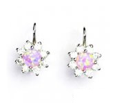 Zlaté náušnice, čiré zirkony a syntetickým růžovým opálem, bílé zlato, VE 61