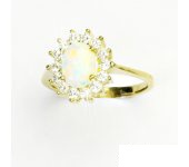 Zlatý prsten, žluté zlato, Kate, syntetický opál bílý, čiré zirkony,  T 1507