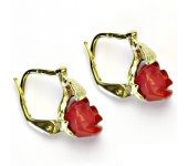 Zlaté náušnice, přírodní červený korál dobarvovaný, růže, žluté zlato,NK 1359