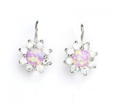 Zlaté náušnice, čiré zirkony a syntetický růžový opál, bílé zlato, VE 61