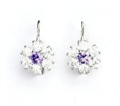 Zlaté náušnice, bílé zlato, čiré zirkony a zirkony ametyst, VE 24 