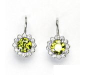 Zlaté náušnice, bílé zlato, zirkon olivín, čiré zirkony, NK 1495