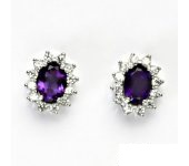Zlaté náušnice Kate, bílé zlato, přírodní tm. ametyst, čiré zirkony,  NŠ 1480