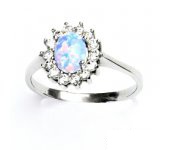 Zlatý prsten, bílé zlato,Kate, syntetický světle modrý opál,čiré zirkony, T 1507