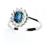 Zlatý prsten, bílé zlato,Kate, syntetický zelený opál,čiré zirkony, T 1507