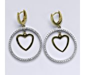 Zlaté náušnice, kombinace bílé a žluté zlato, kruhy, srdce, srdíčko, syntetický zirkon, zapínání na patent, váha 6,37g 